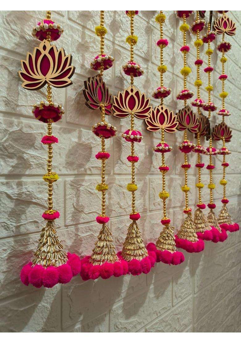 Style Speaks India Pink 3 Feet MDF Wooden Lotus Garland with Pom and Tassels Pack of 40 - Indya