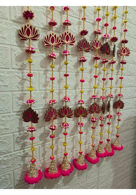 Style Speaks India Pink 3 Feet MDF Wooden Lotus Garland with Pom and Tassels Pack of 40
