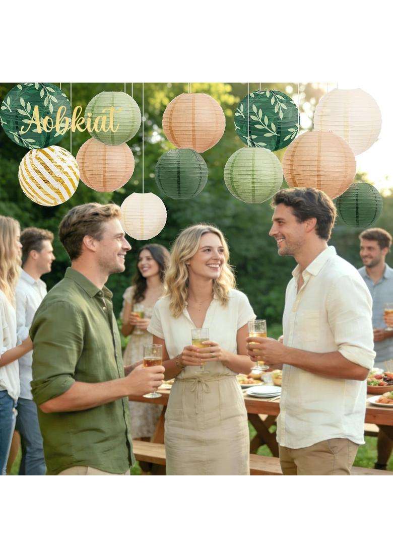 Aobkiat Party Decorations Paper Lanterns Set 12Pcs Sage Green Brown Chinese Japanese Hanging Paper Lantern - Indya