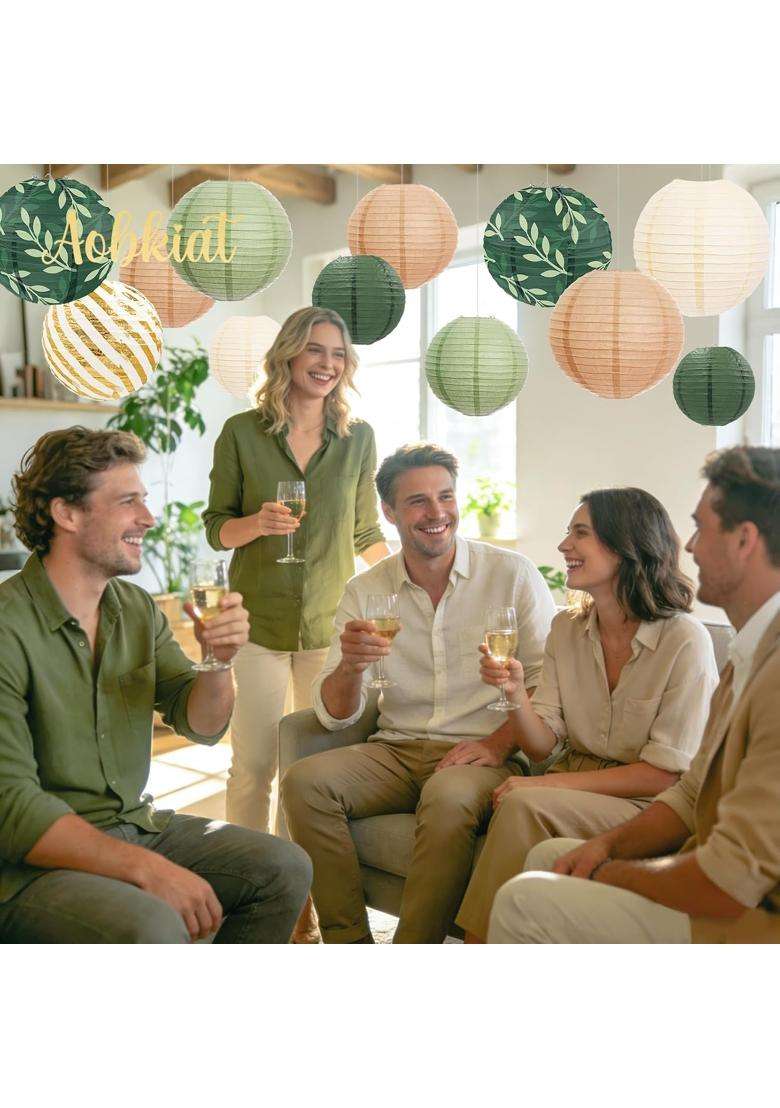 Aobkiat Party Decorations Paper Lanterns Set 12Pcs Sage Green Brown Chinese Japanese Hanging Paper Lantern - Indya