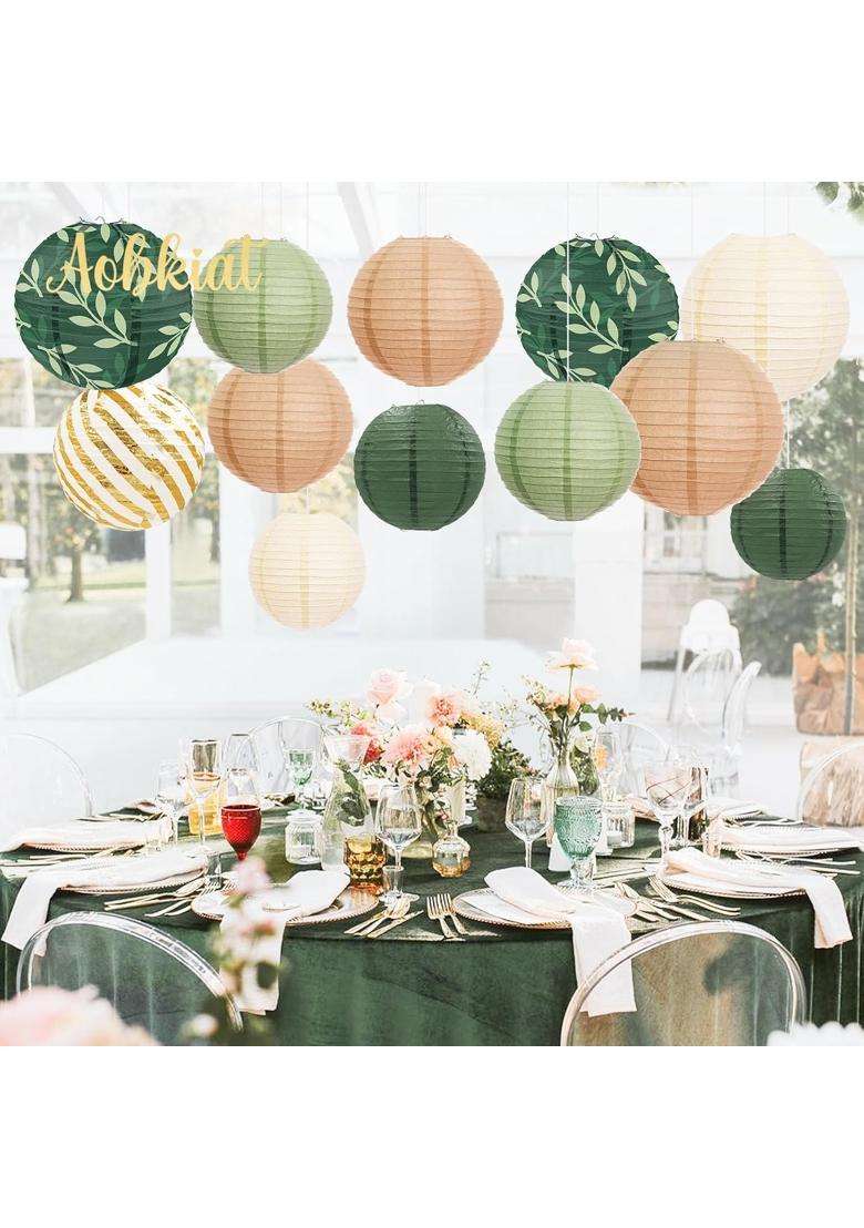 Aobkiat Party Decorations Paper Lanterns Set 12Pcs Sage Green Brown Chinese Japanese Hanging Paper Lantern - Indya
