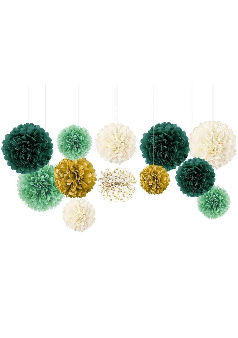 Nicrolandee Wedding Party Decorations 12 Pcs Green Ivory Tissue Paper Pom Poms for Neutral Baby Shower - Indya