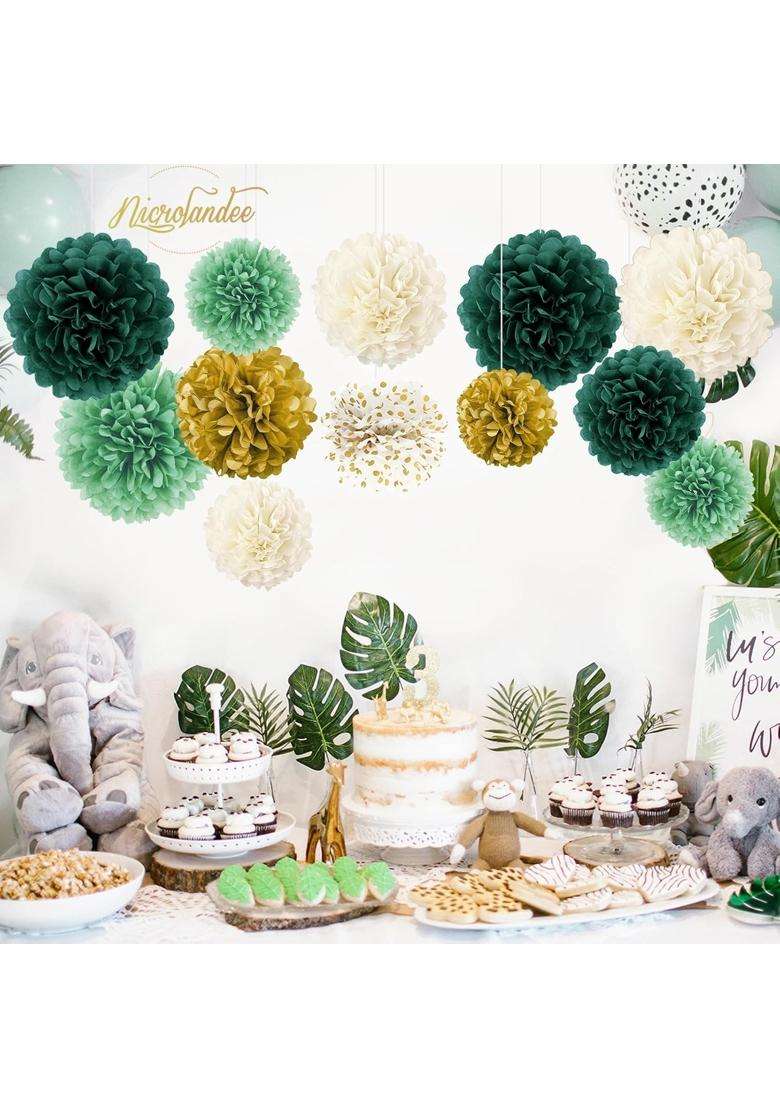 Nicrolandee Wedding Party Decorations 12 Pcs Green Ivory Tissue Paper Pom Poms for Neutral Baby Shower - Indya