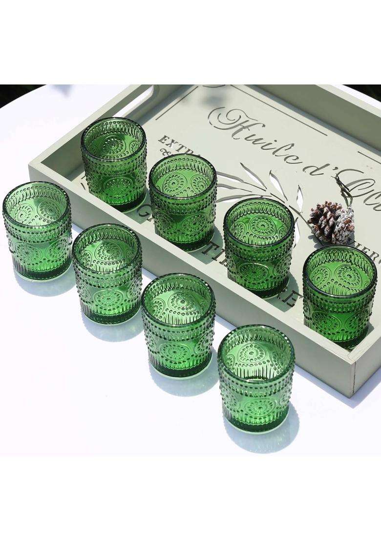 Vohocandle Sunflower Embossed Green Tealight Holders Glass Tea Light Holder Set of 12 - Indya