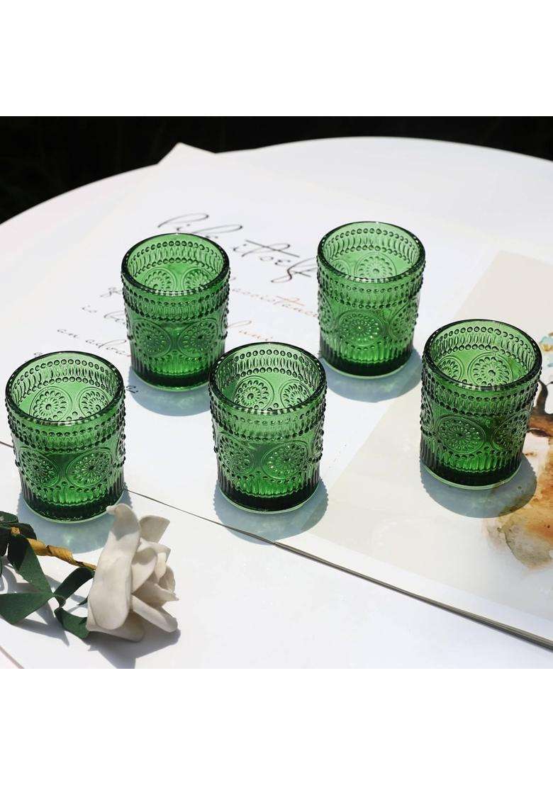 Vohocandle Sunflower Embossed Green Tealight Holders Glass Tea Light Holder Set of 12 - Indya