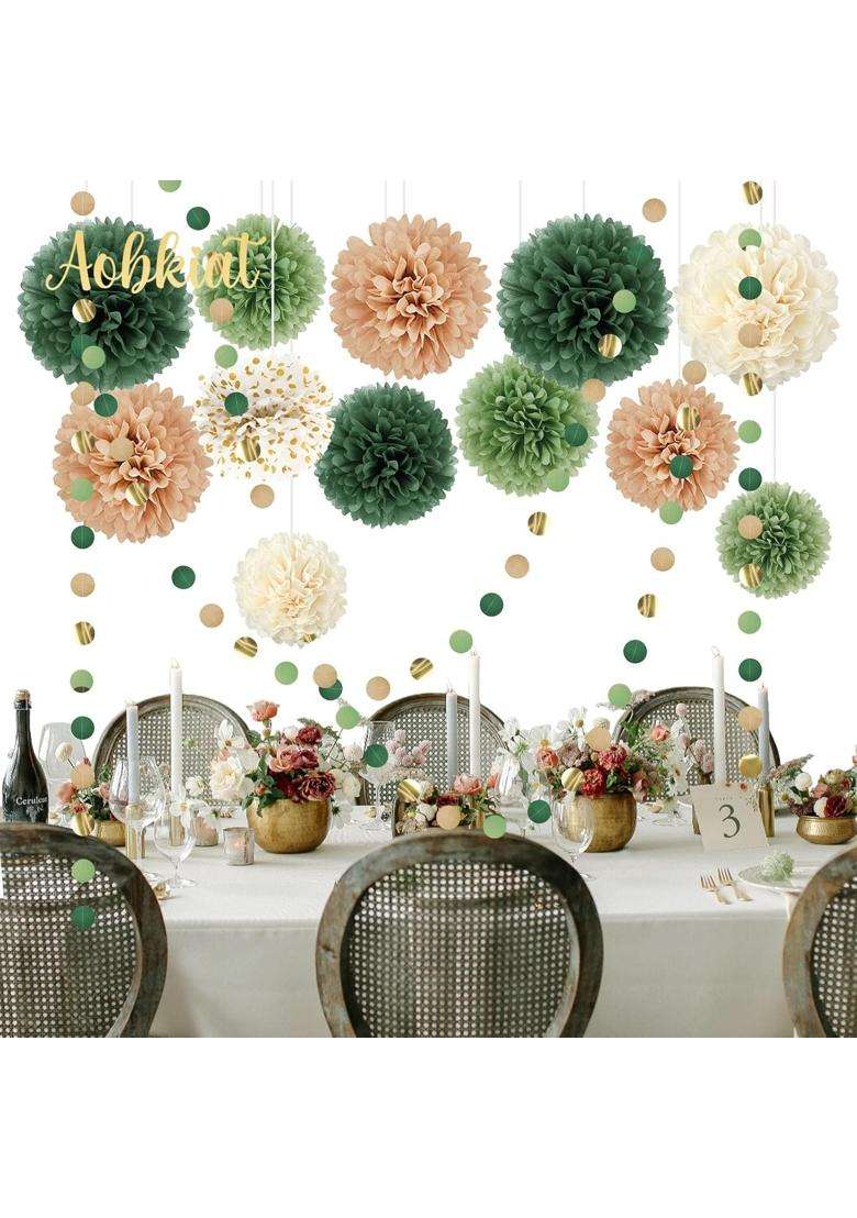 Aobkiat Wedding Party Decorations Kit 15Pcs Green Tissue Paper Pom Poms - Indya