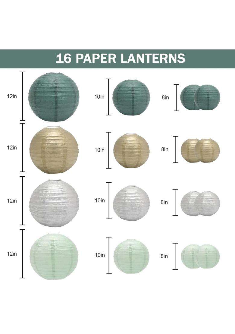 Plintone Sage Green Paper Lanterns Set 8 10 12 Hanging Decorative Lanterns for Parties Weddings Birthdays - Indya