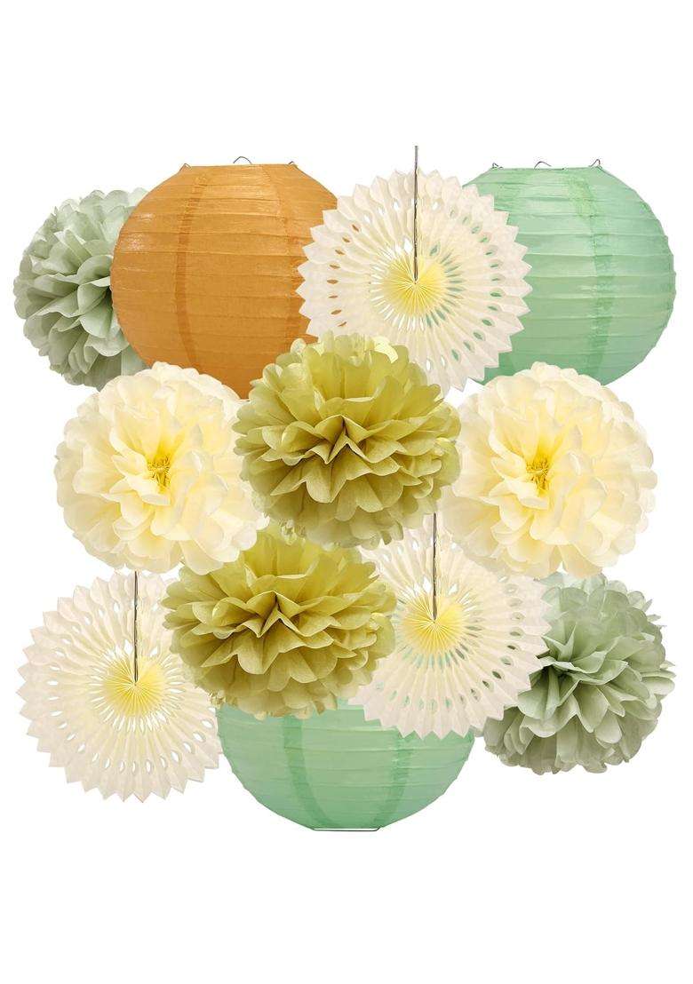 Lihao Sage Green Party Decorations Paper Lanterns Paper Fans Tissue Paper Pom Poms for Baby Shower Bridgerton - Indya