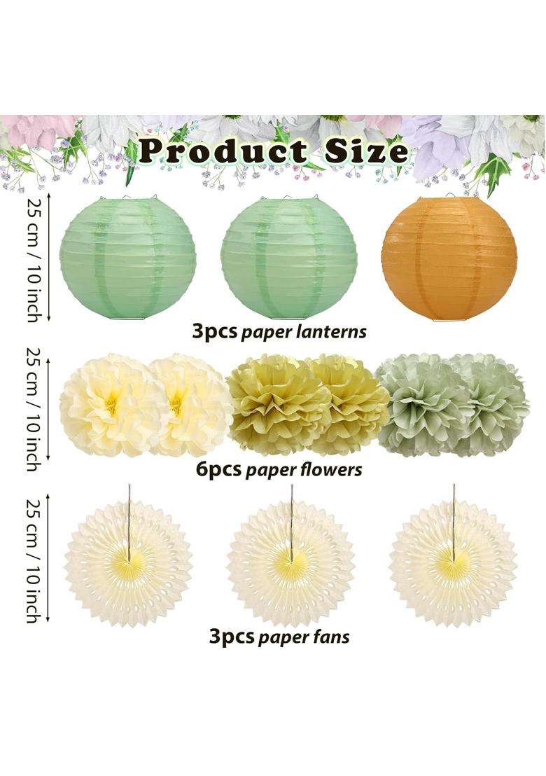 Lihao Sage Green Party Decorations Paper Lanterns Paper Fans Tissue Paper Pom Poms for Baby Shower Bridgerton - Indya