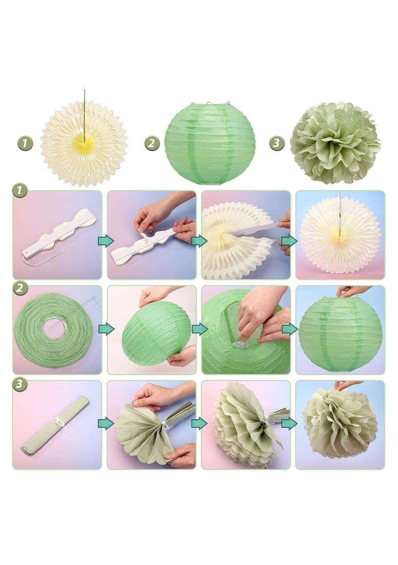 Lihao Sage Green Party Decorations Paper Lanterns Paper Fans Tissue Paper Pom Poms for Baby Shower Bridgerton - Indya