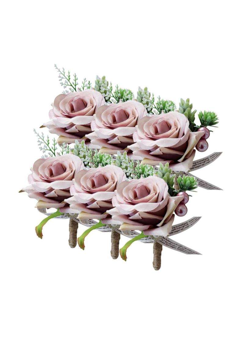 Merishopp 6Xromantic Wedding Party Rose Silk Flower Boutonniere Corsage Dusty Pink - Indya