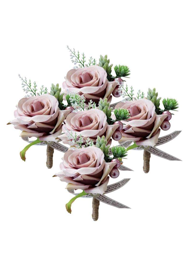 Merishopp 5Xromantic Wedding Party Rose Silk Flower Boutonniere Corsage Dusty Pink - Indya