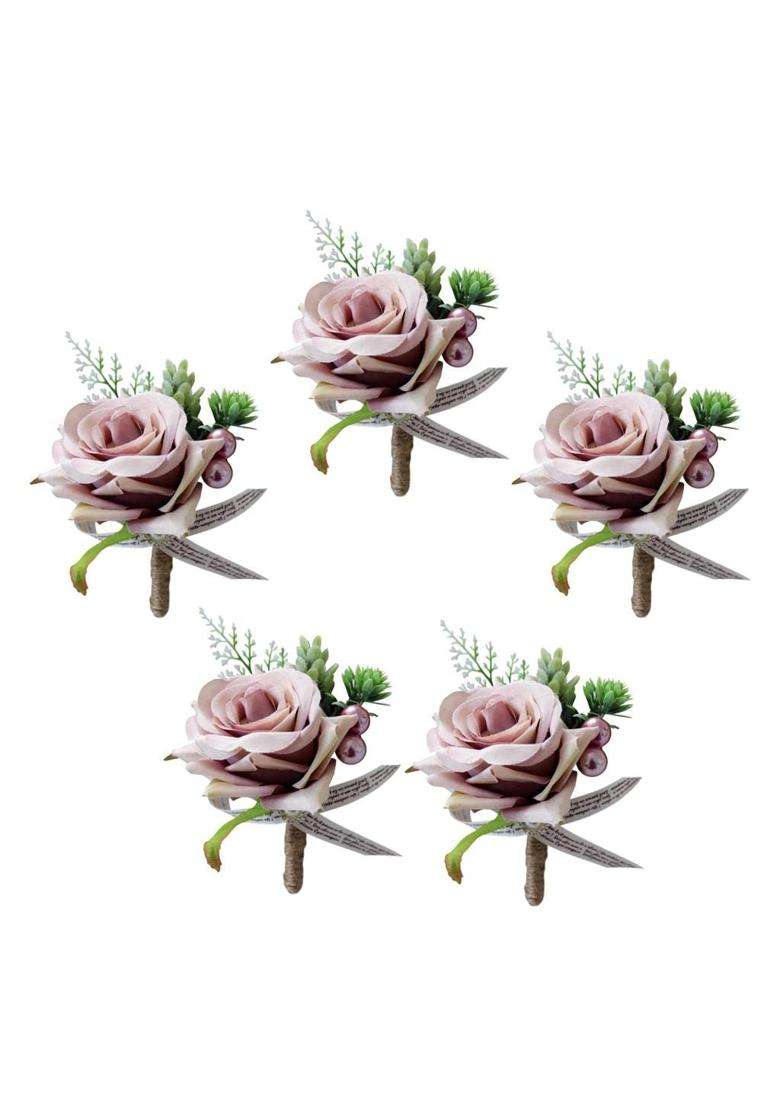 Merishopp 5Xromantic Wedding Party Rose Silk Flower Boutonniere Corsage Dusty Pink - Indya
