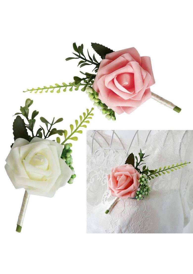 Merishopp 15Xpe Artificial Rose Flowers Corsages and Boutonniere for Wedding Party White - Indya