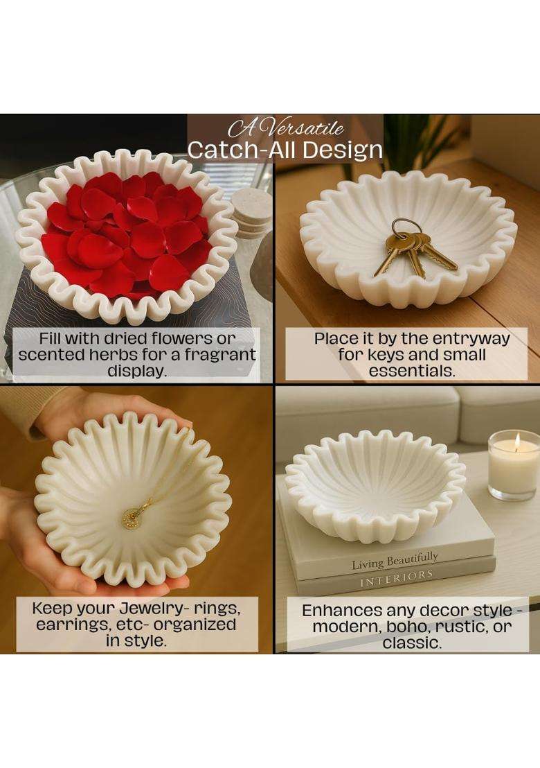 Swadeshi Blessings White Handcrafted Marble Ruffle Urli Bowl for Home Decor - Indya