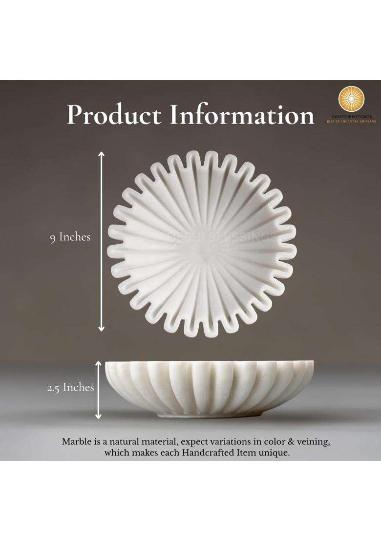Swadeshi Blessings White Handcrafted Marble Ruffle Urli Bowl for Home Decor - Indya