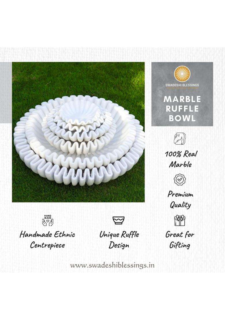 Swadeshi Blessings White Handcrafted Marble Ruffle Urli Bowl for Home Decor - Indya
