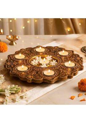 Behoma Wooden T Light Urli for Home Decor with Candles Natural Brown 12