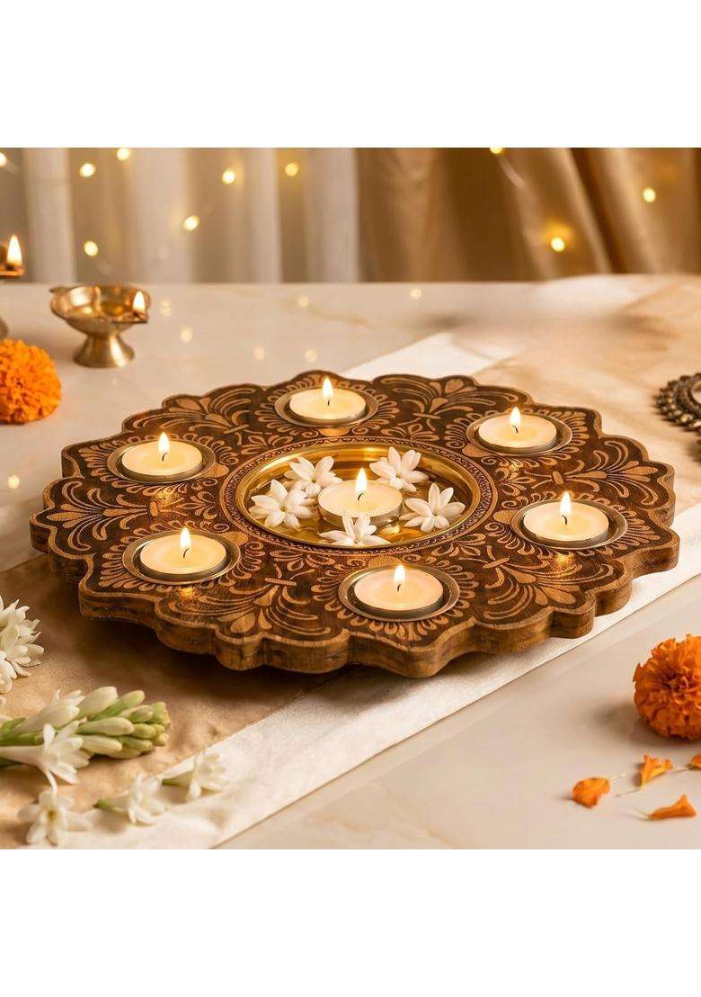 Behoma Wooden T Light Urli for Home Decor with Candles Natural Brown 12 - Indya