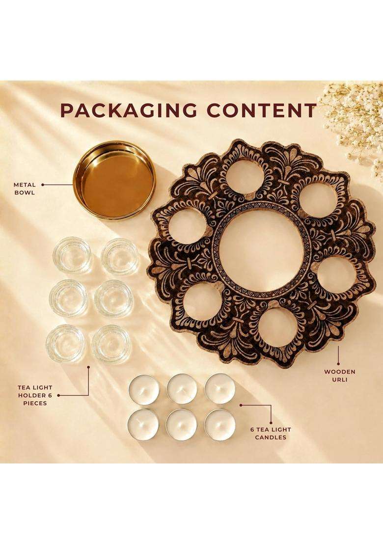 Behoma Wooden T Light Urli for Home Decor with Candles Natural Brown 12 - Indya