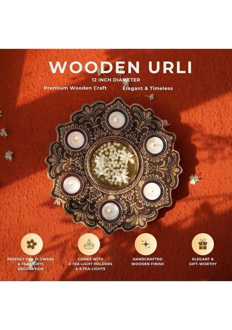 Behoma Wooden T Light Urli for Home Decor with Candles Natural Brown 12 - Indya
