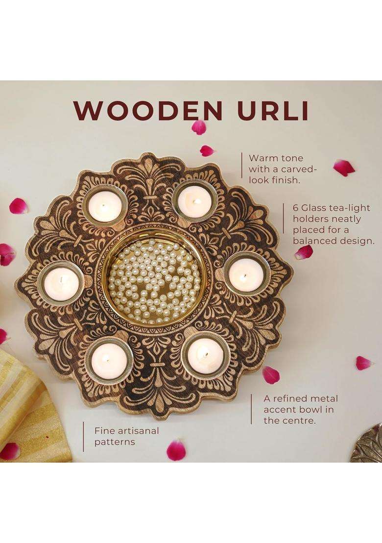 Behoma Wooden T Light Urli for Home Decor with Candles Natural Brown 12 - Indya