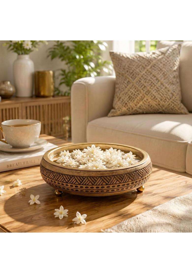 Behoma Wood and Metal Design Urli for Home Decor Mocha Brown 11 in 1 Pc - Indya