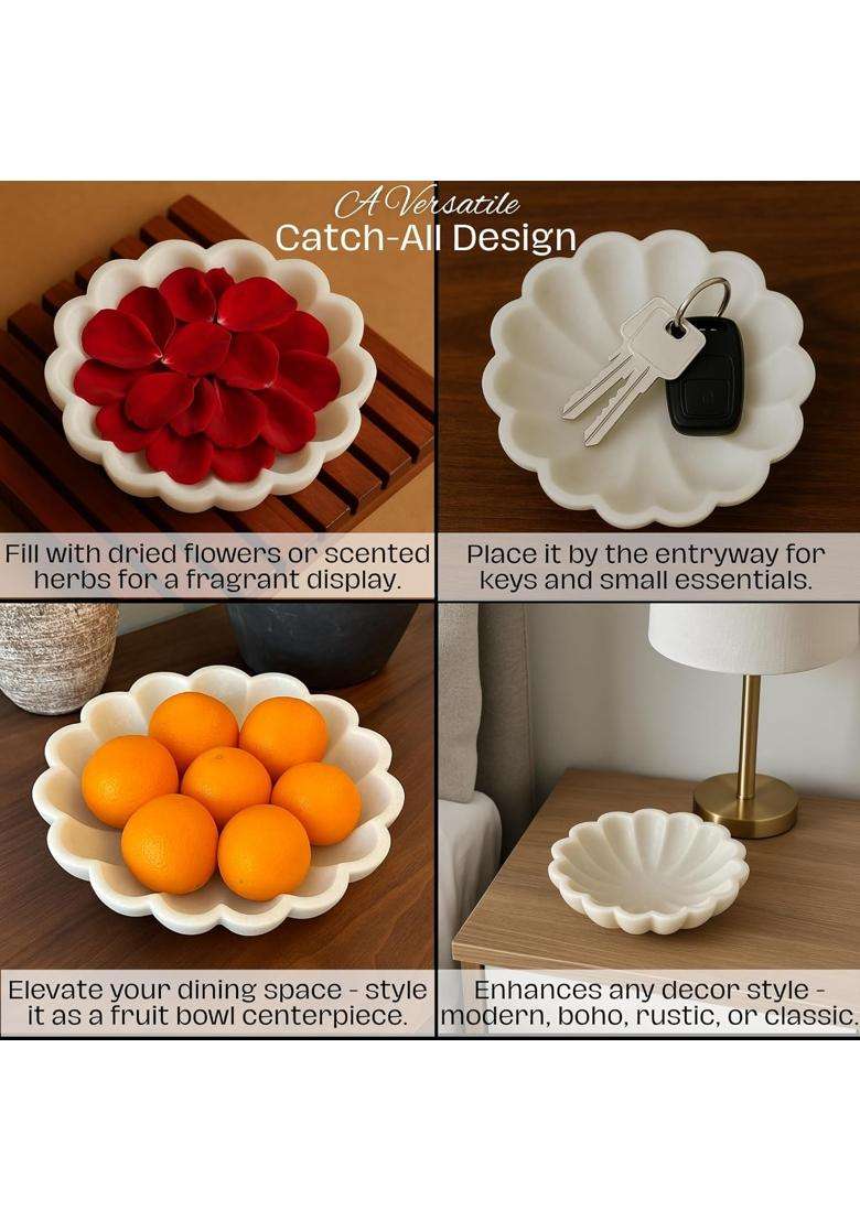 Swadeshi Blessings White Handcrafted Marble Scalloped Urli Bowl for Home Decor - Indya