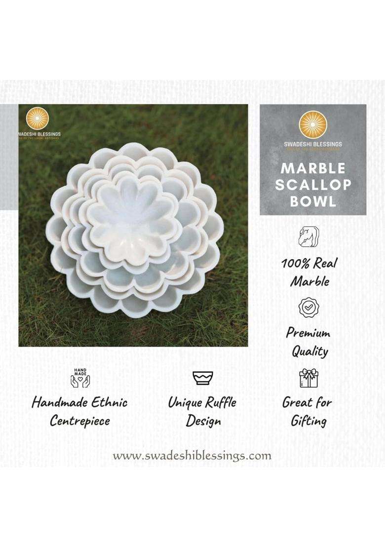 Swadeshi Blessings White Handcrafted Marble Scalloped Urli Bowl for Home Decor - Indya