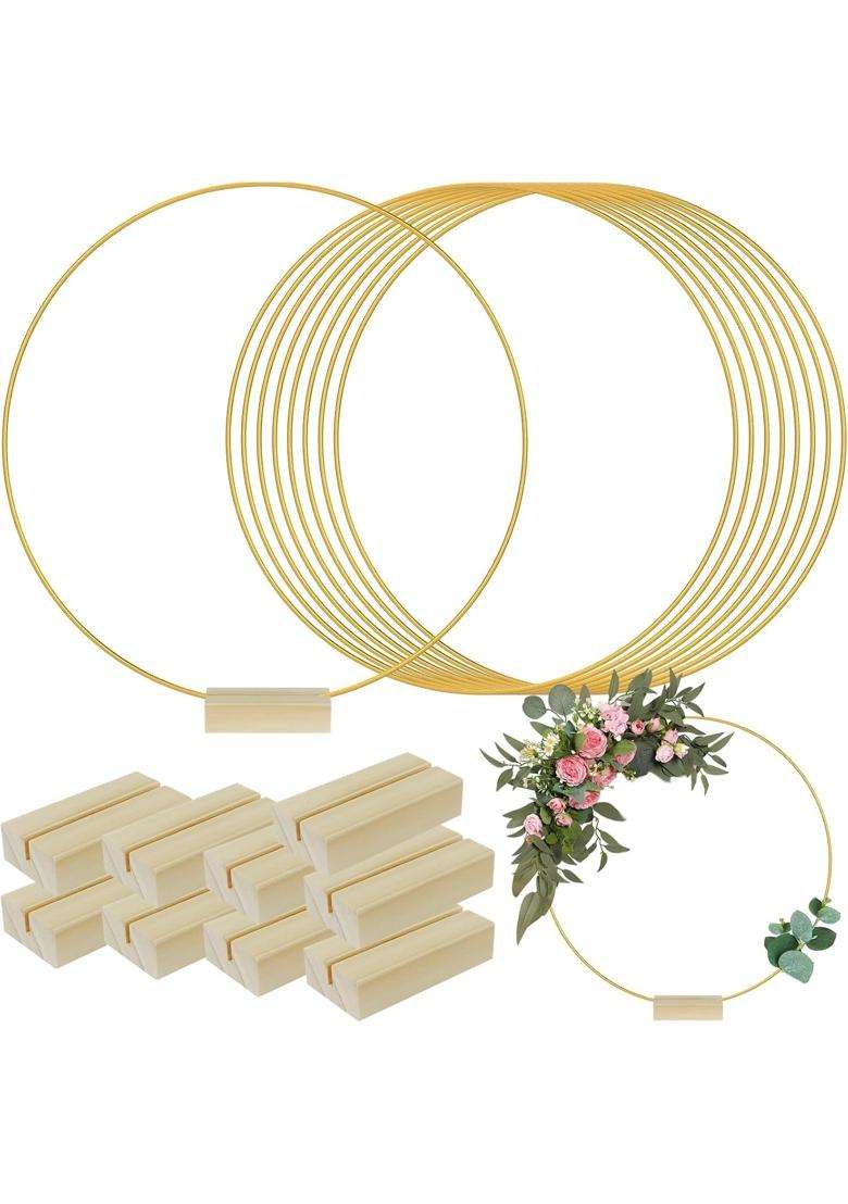 Nihuifdpy 10 Pcs 12 Inch Metal Floral Hoop Centerpiece with Wood Stands Sturdy Gold Craft Rings for Macrame - Indya