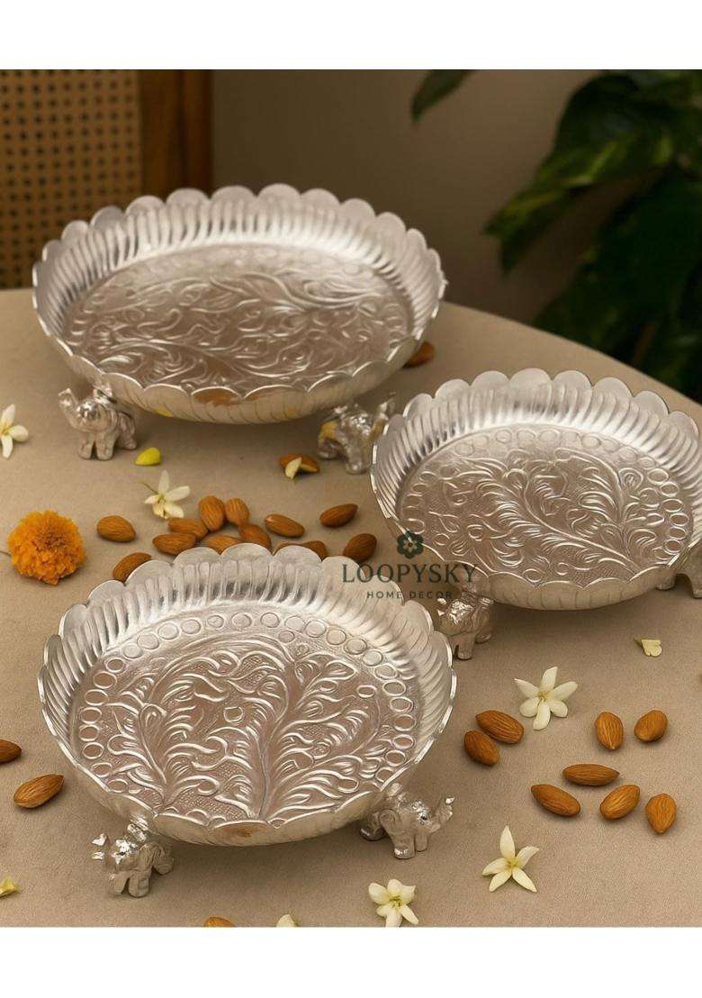 Loopysky Silver Plated Urli Bowl with Elephant Legs 8 10 12 Inch Set of 3 - Indya