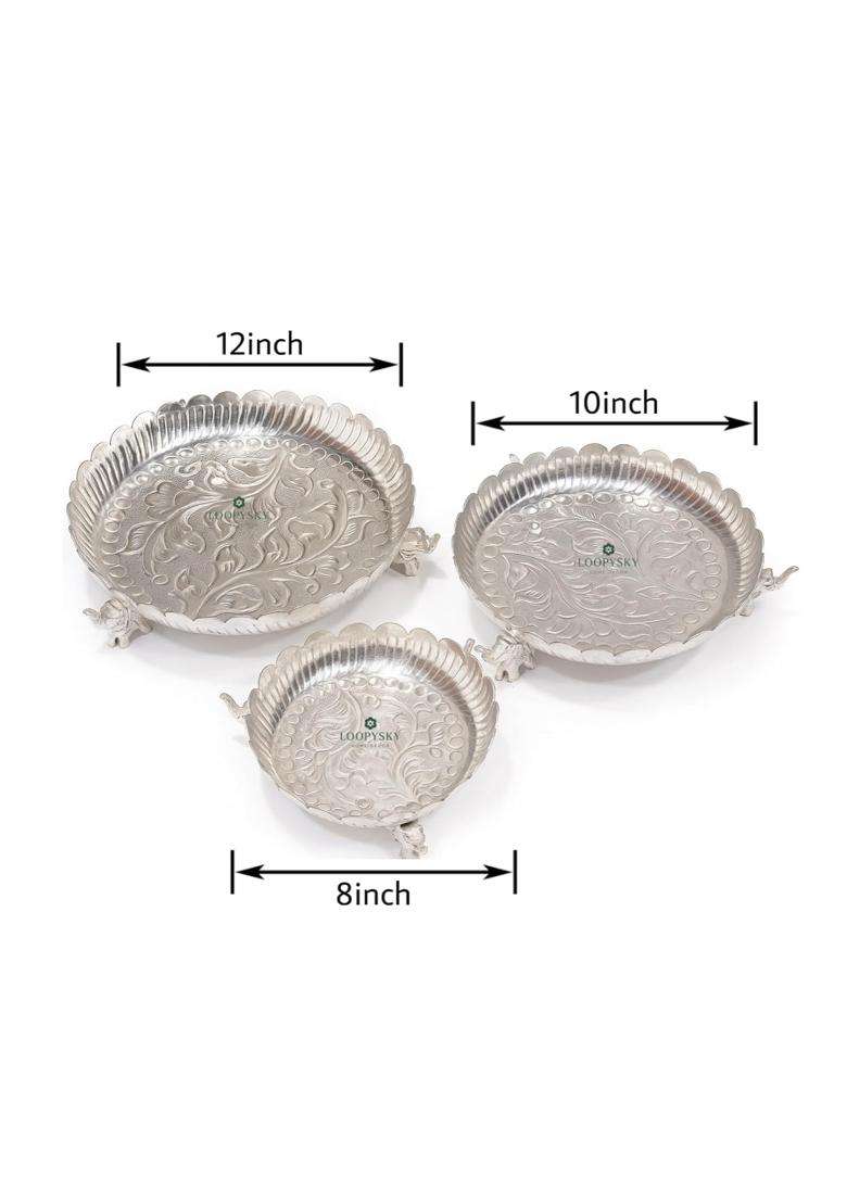 Loopysky Silver Plated Urli Bowl with Elephant Legs 8 10 12 Inch Set of 3 - Indya