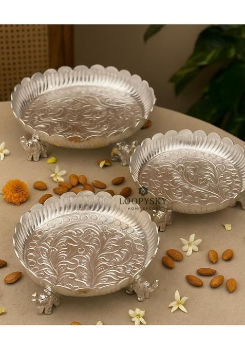 Loopysky Silver Plated Urli Bowl with Elephant Legs 8 10 12 Inch Set of 3