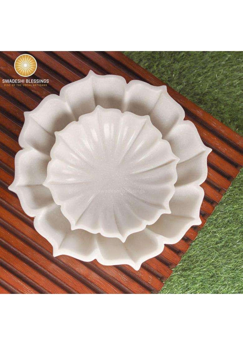 Swadeshi Blessings White Handcrafted Marble Lotus Urli Bowl for Home Decor - Indya