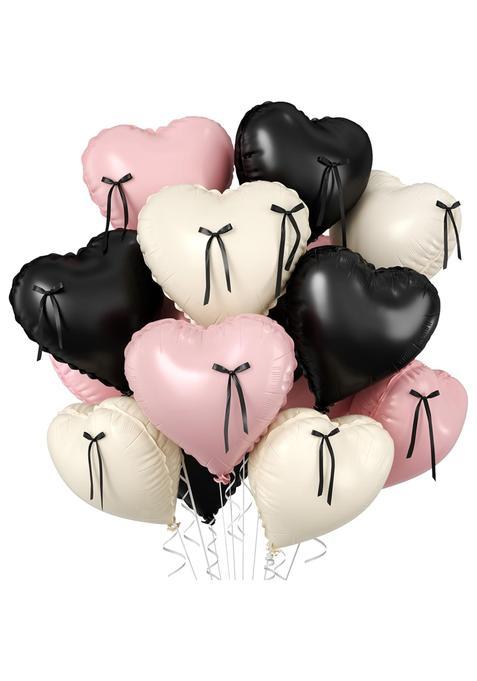 Biapian Pink and Black Heart Balloons 10 Pcs Baby Pink Cream Heart Shaped Balloon with Black Bow Ribbon