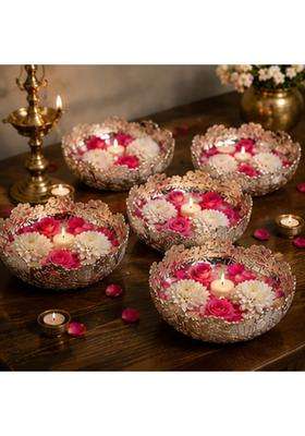 Extreme Karigari Handcrafted German Silver Urli Bowl 5 and Half Inch Flower Bowls Set of 5