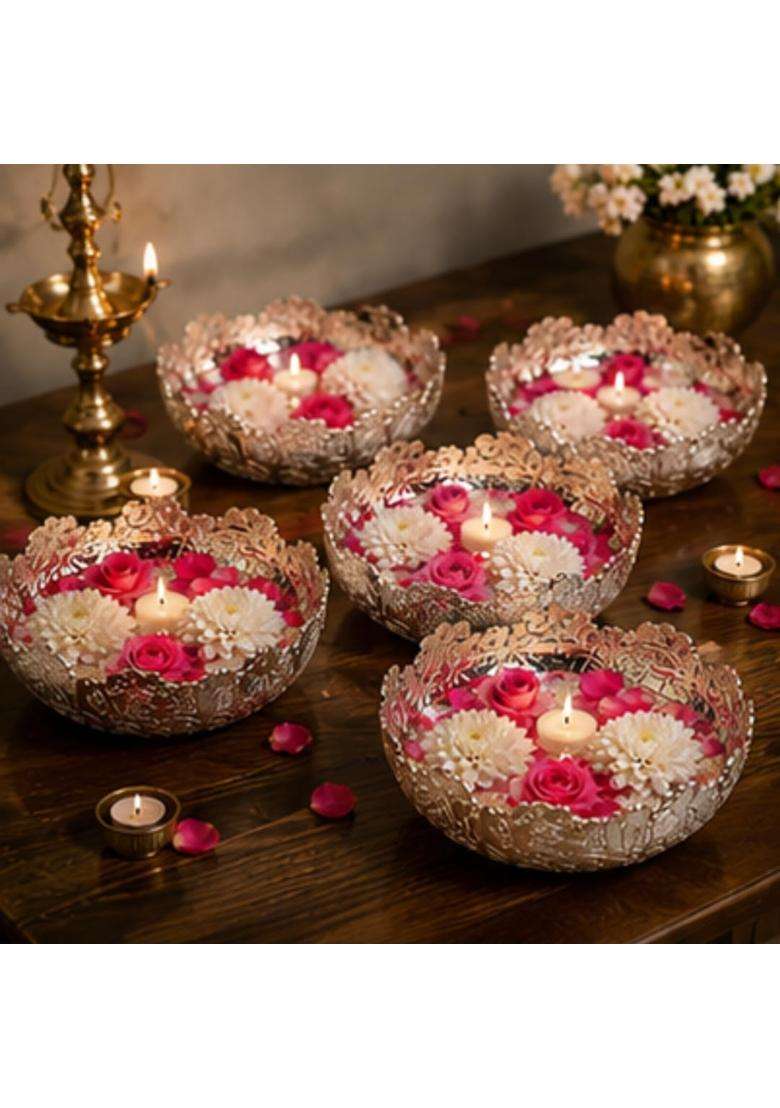 Extreme Karigari Handcrafted German Silver Urli Bowl 5 and Half Inch Flower Bowls Set of 5 - Indya