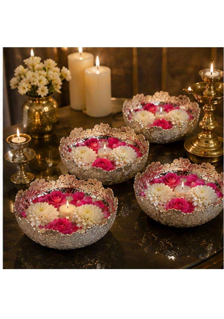 Extreme Karigari Handcrafted German Silver Urli Bowl 5 and Half Inch Flower Bowls Set of 5 - Indya