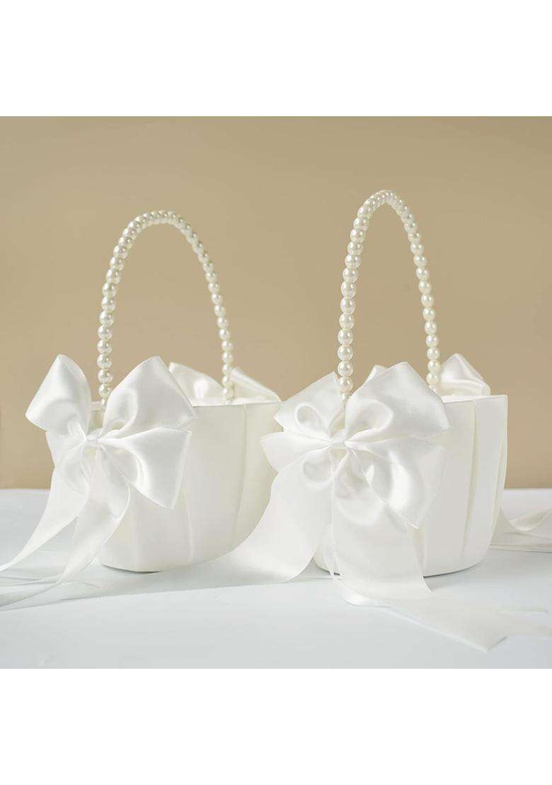 Atailove 2 Pcs Wedding Flower Girl Baskets with Cute Pearl Handle Bowknot Satin Flower Baskets for Wedding - Indya