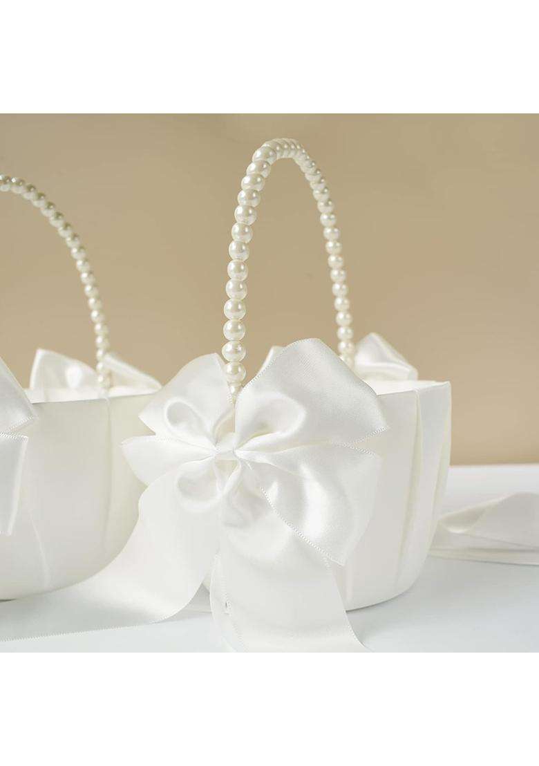 Atailove 2 Pcs Wedding Flower Girl Baskets with Cute Pearl Handle Bowknot Satin Flower Baskets for Wedding - Indya
