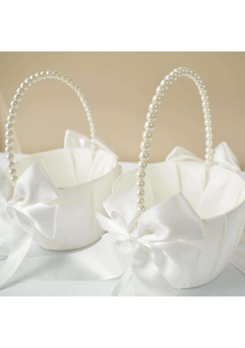 Atailove 2 Pcs Wedding Flower Girl Baskets with Cute Pearl Handle Bowknot Satin Flower Baskets for Wedding - Indya
