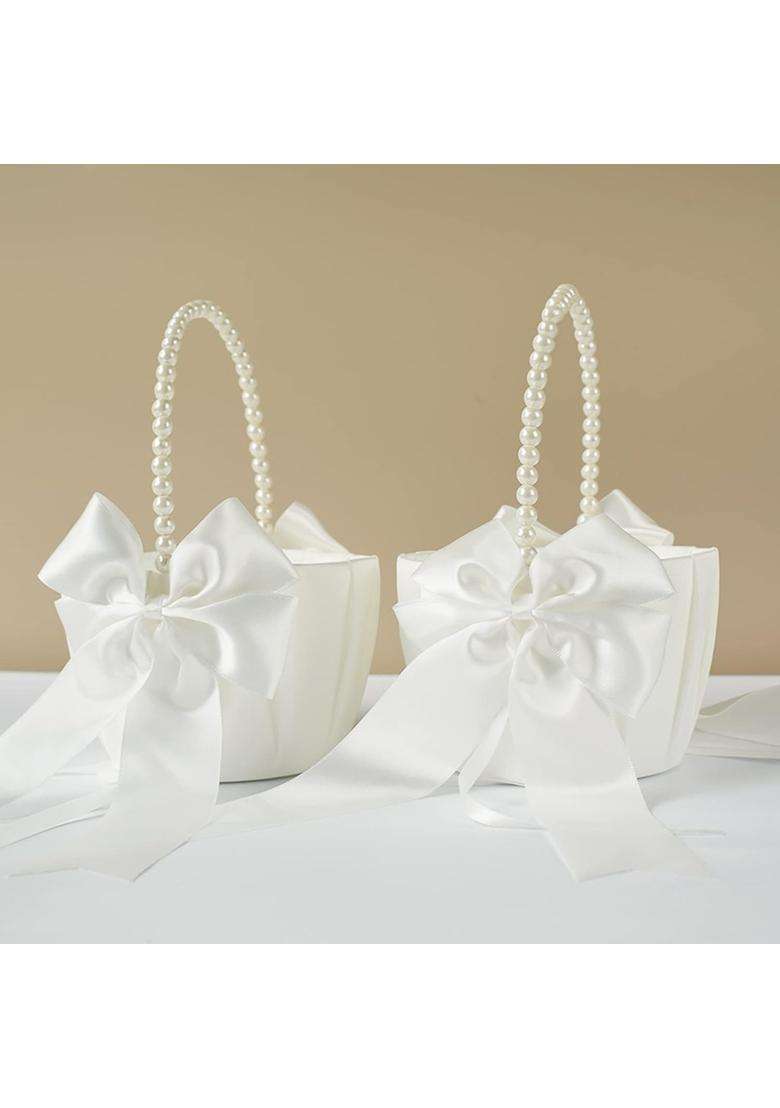 Atailove 2 Pcs Wedding Flower Girl Baskets with Cute Pearl Handle Bowknot Satin Flower Baskets for Wedding - Indya