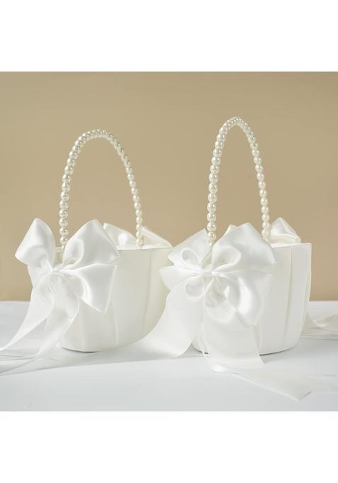 Atailove 2 Pcs Wedding Flower Girl Baskets with Cute Pearl Handle Bowknot Satin Flower Baskets for Wedding