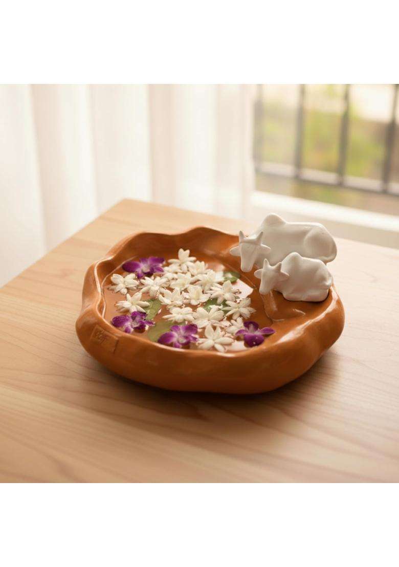 Ecraftindia Pair of Cow Statue Urli Bowl for Home Decoration Office Tv Unit Resin Orange - Indya