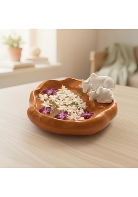 Ecraftindia Pair of Cow Statue Urli Bowl for Home Decoration Office Tv Unit Resin Orange