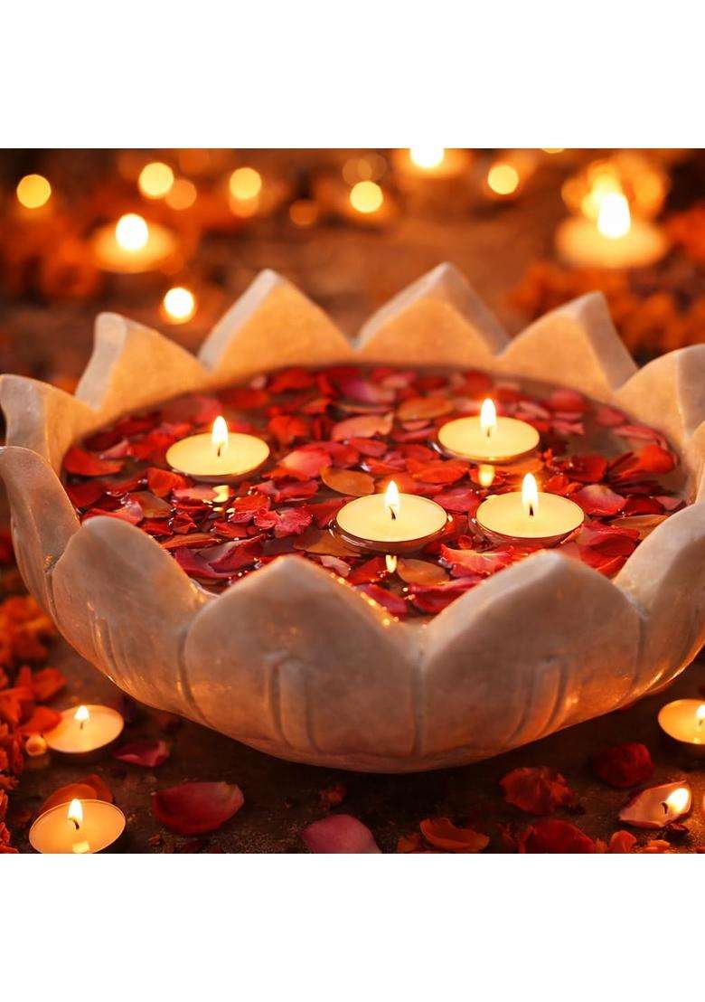 R and M White Marble Urli Bowl 9 Inch 2 Point 1 KG Handcrafted Decorative Bowl for Floating Candles Flowers - Indya