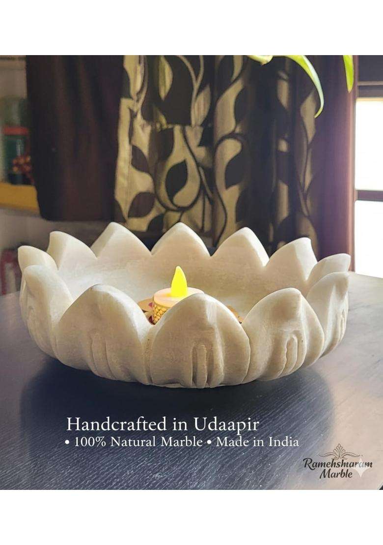 R and M White Marble Urli Bowl 9 Inch 2 Point 1 KG Handcrafted Decorative Bowl for Floating Candles Flowers - Indya