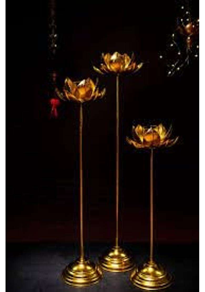 Agaas Enterprises Golden Metal Long Lotus Shape Tea Light Candle Holder Stand Set of 3 - Indya