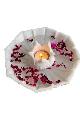 R and M RM White Marble Urli Bowl with Tealight Candle Holder Combo 9 Inch Plus 3 Inch Pack of 2