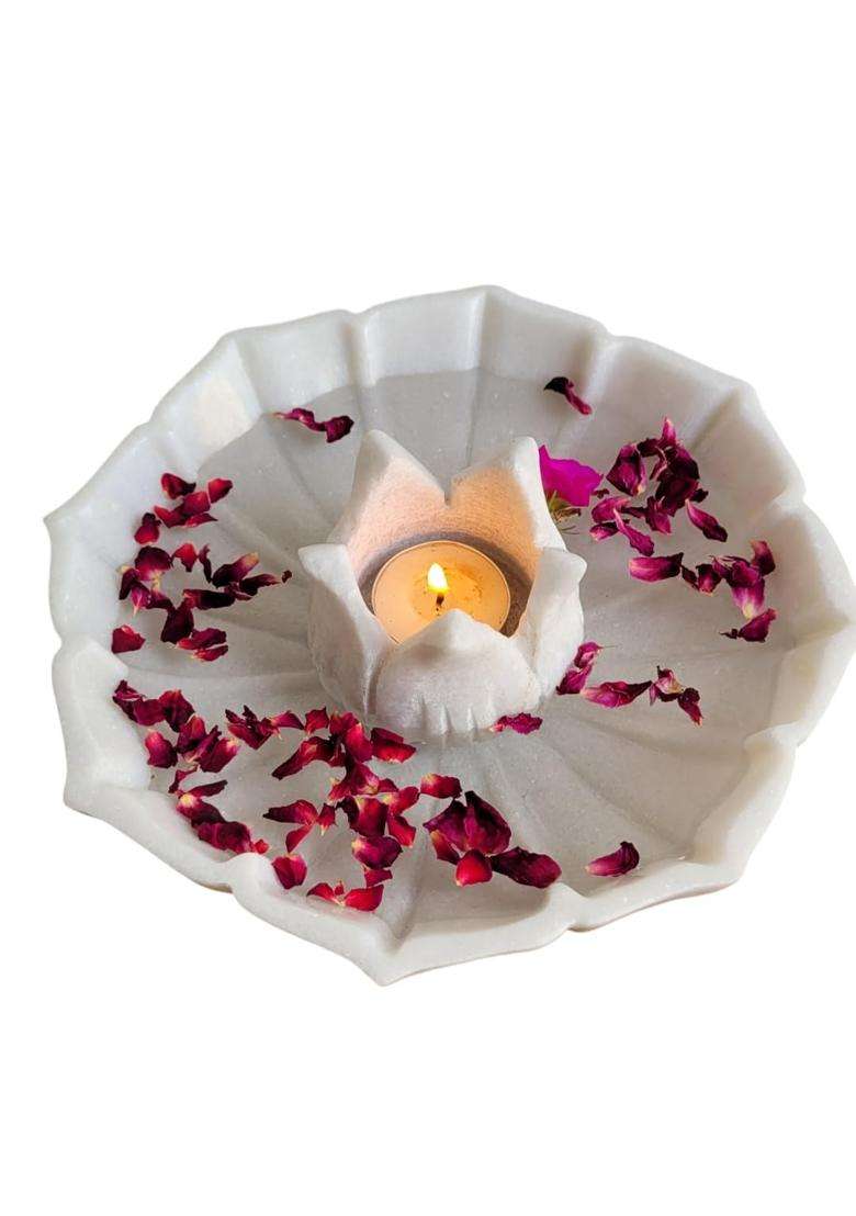 R and M RM White Marble Urli Bowl with Tealight Candle Holder Combo 9 Inch Plus 3 Inch Pack of 2 - Indya